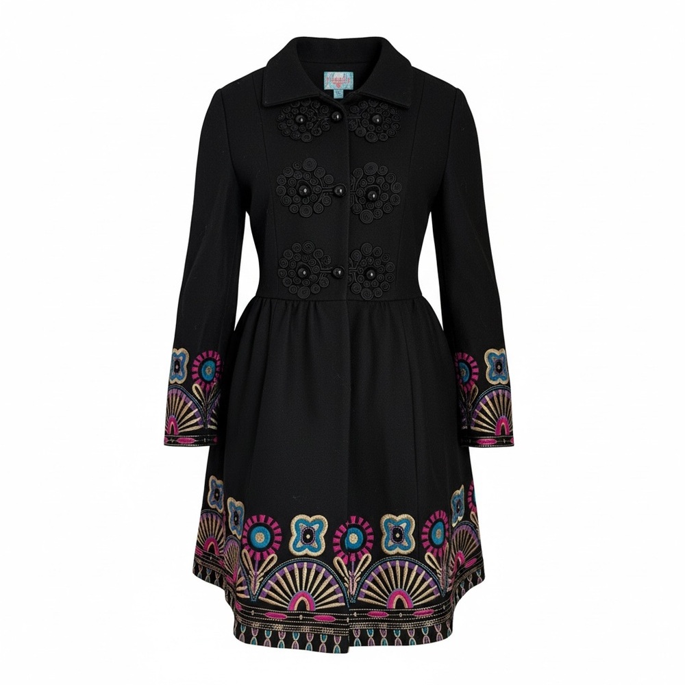 Anthropologie Plenty Tracy Reese Black Trench Coat Multicolor Embroidered Trim